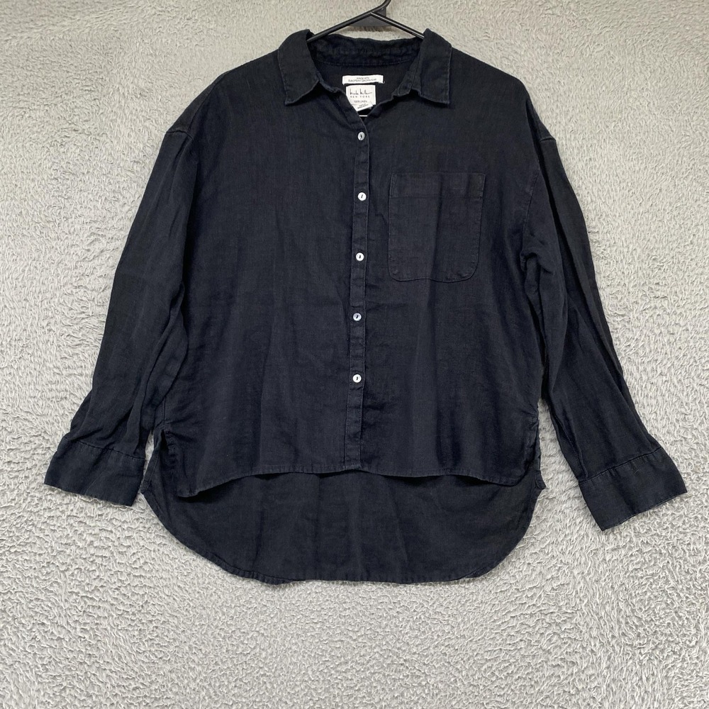 Nicole Miller Linen Shirt Womens Small Black Button Up Long Sleeve Lagenlook
